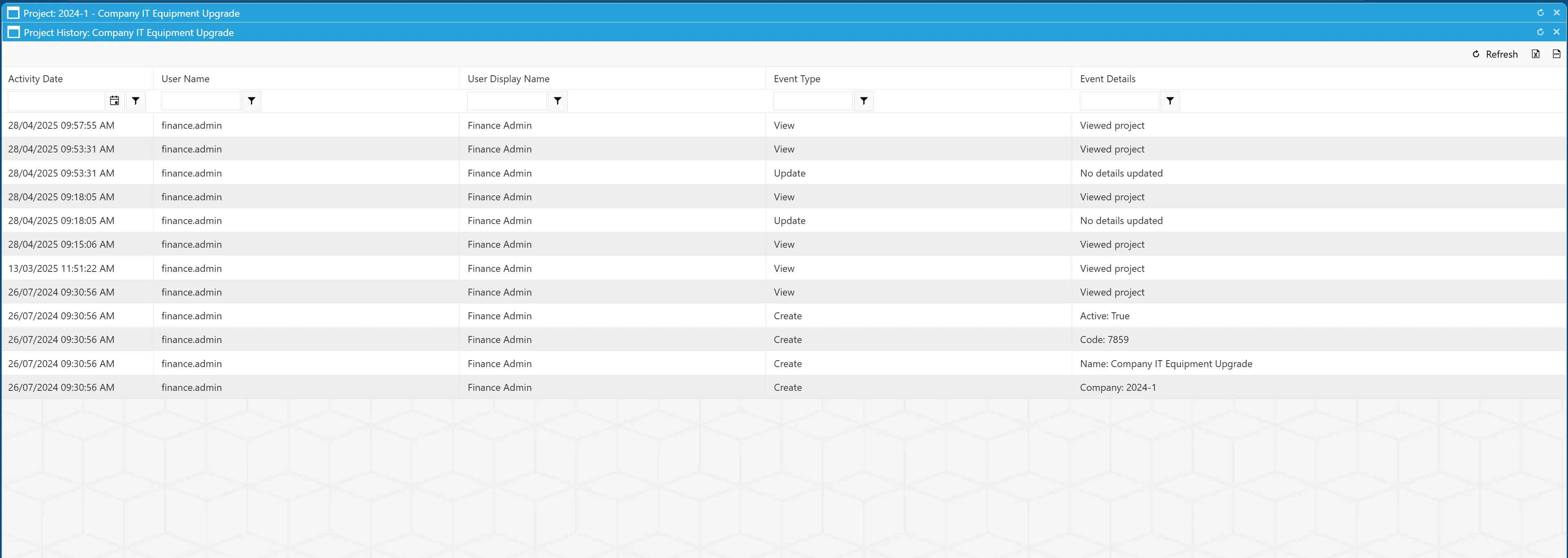 The Project History Grid contains key information relating to the project.