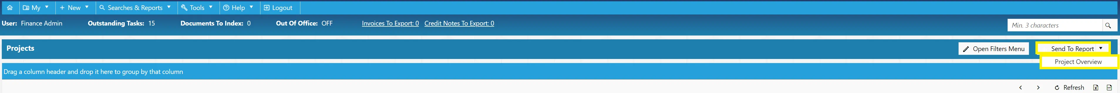 The Project Overview button allows users to send the search results to a report.