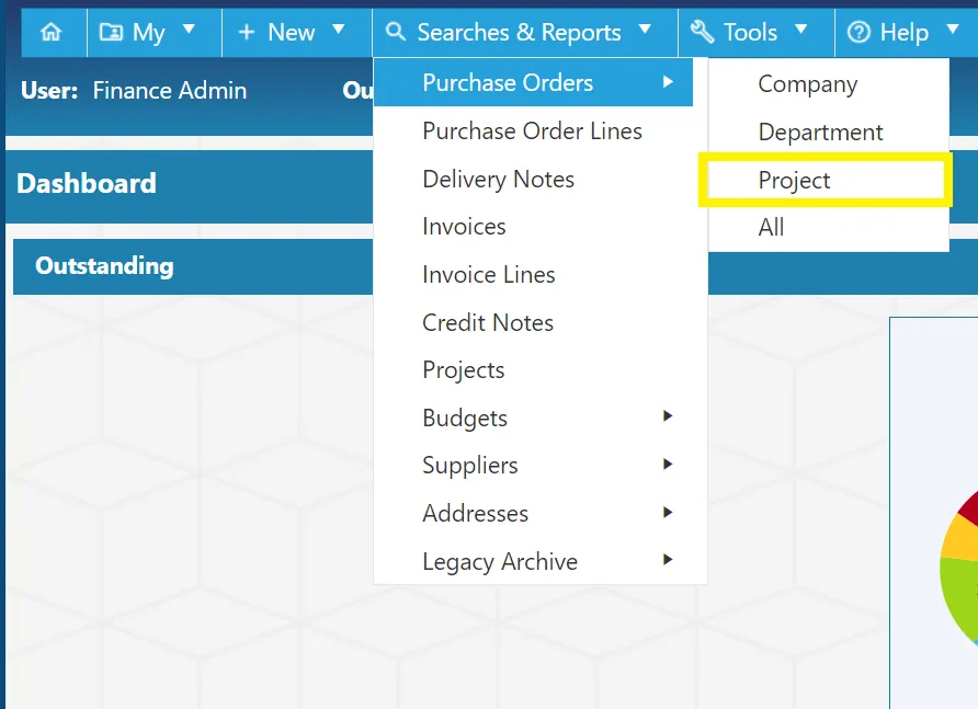 Carry out searches for project level purchase orders within the PO software.