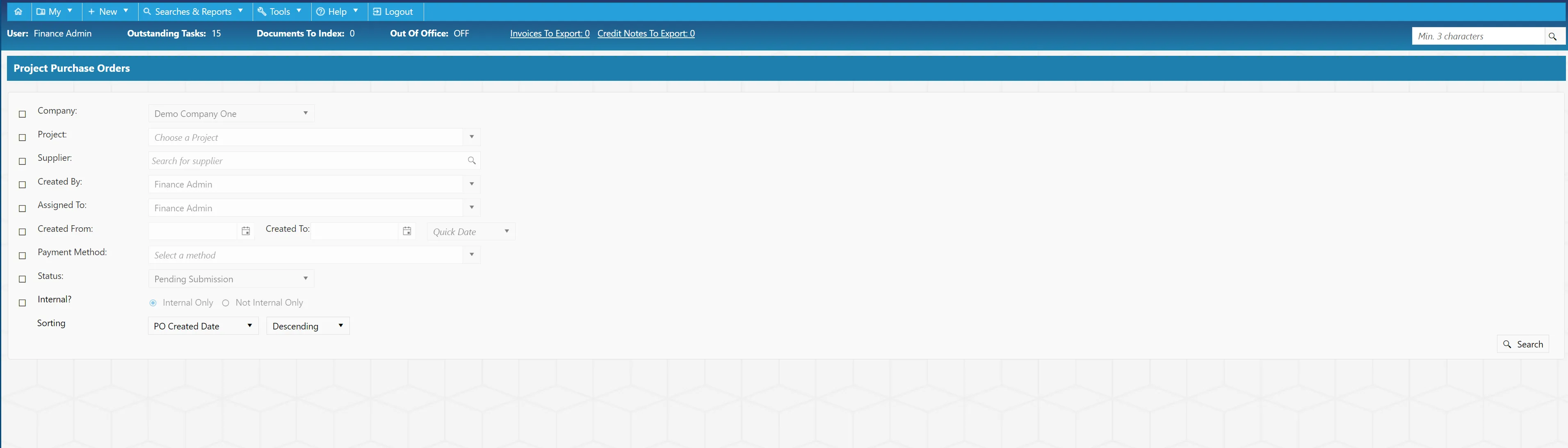 There are a number of filters available for the project level purchase order search.