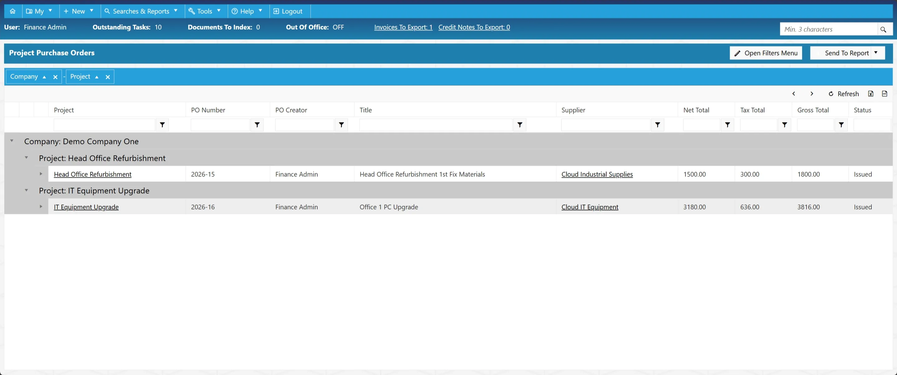 Project purchase order search results are displayed in a grid with various columns.