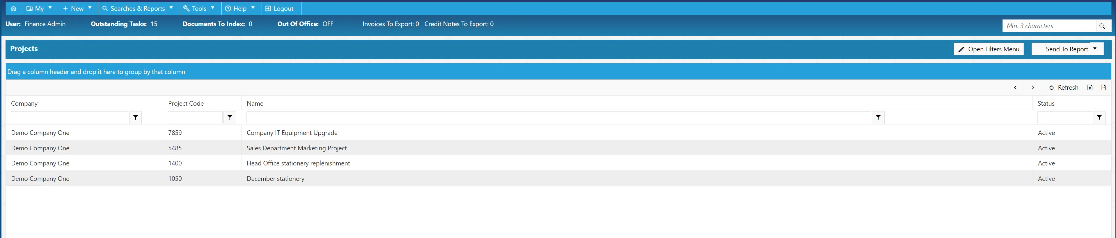 Project search results are displayed in a grid with multiple columns.