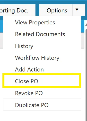 This function allows users to manually close a purchase order.