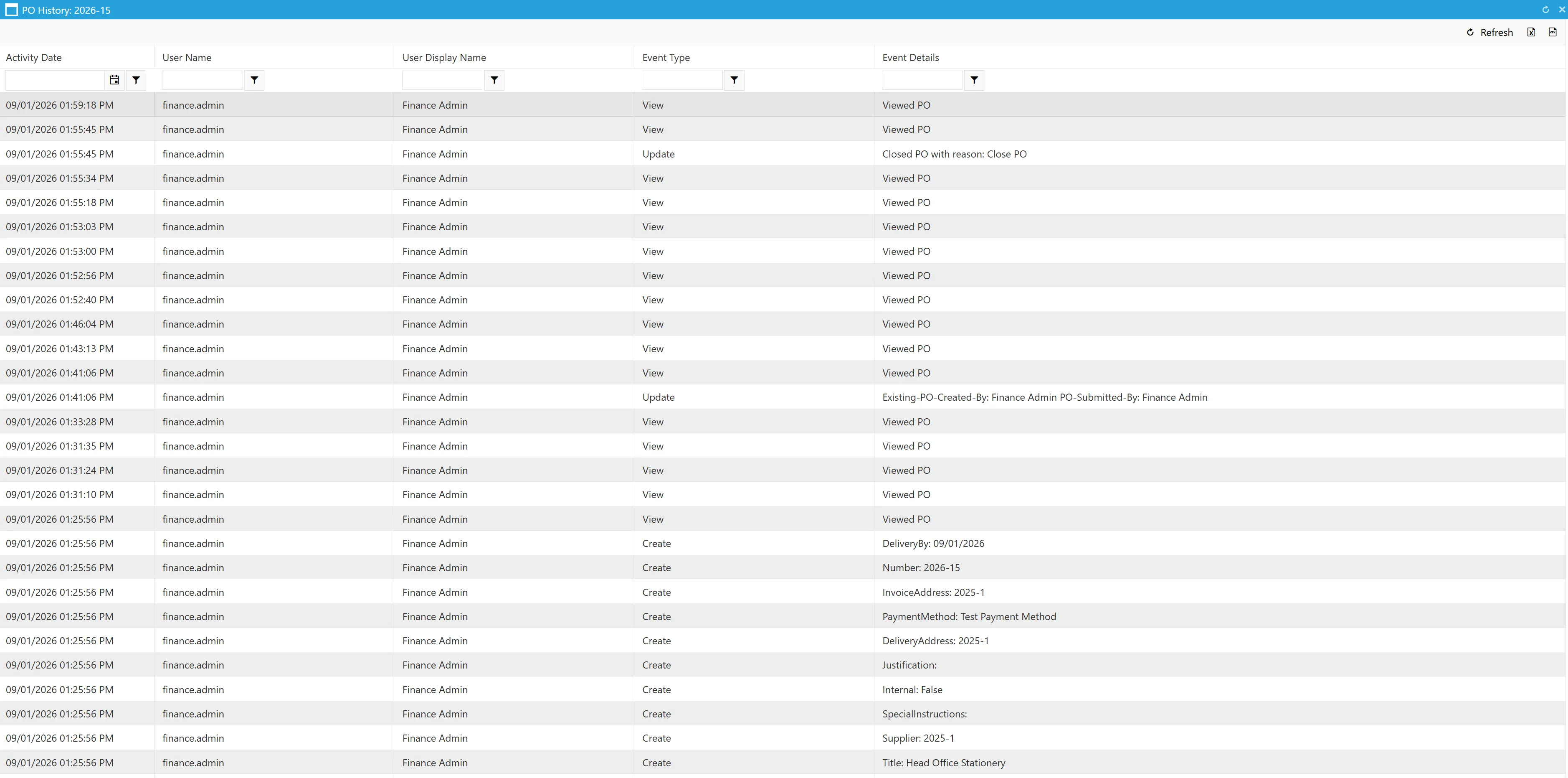 Historical activity is displayed in a clear grid with key information.