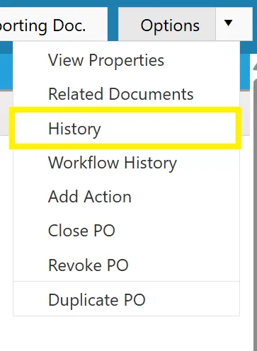 The system logs purchase order activity within History.