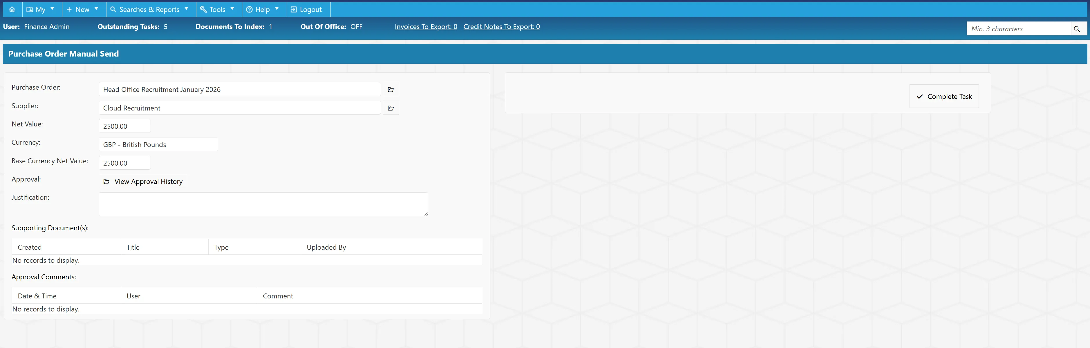 When a purchase order cannot be sent directly to a supplier, the PO creator will receive a Manual Send task.