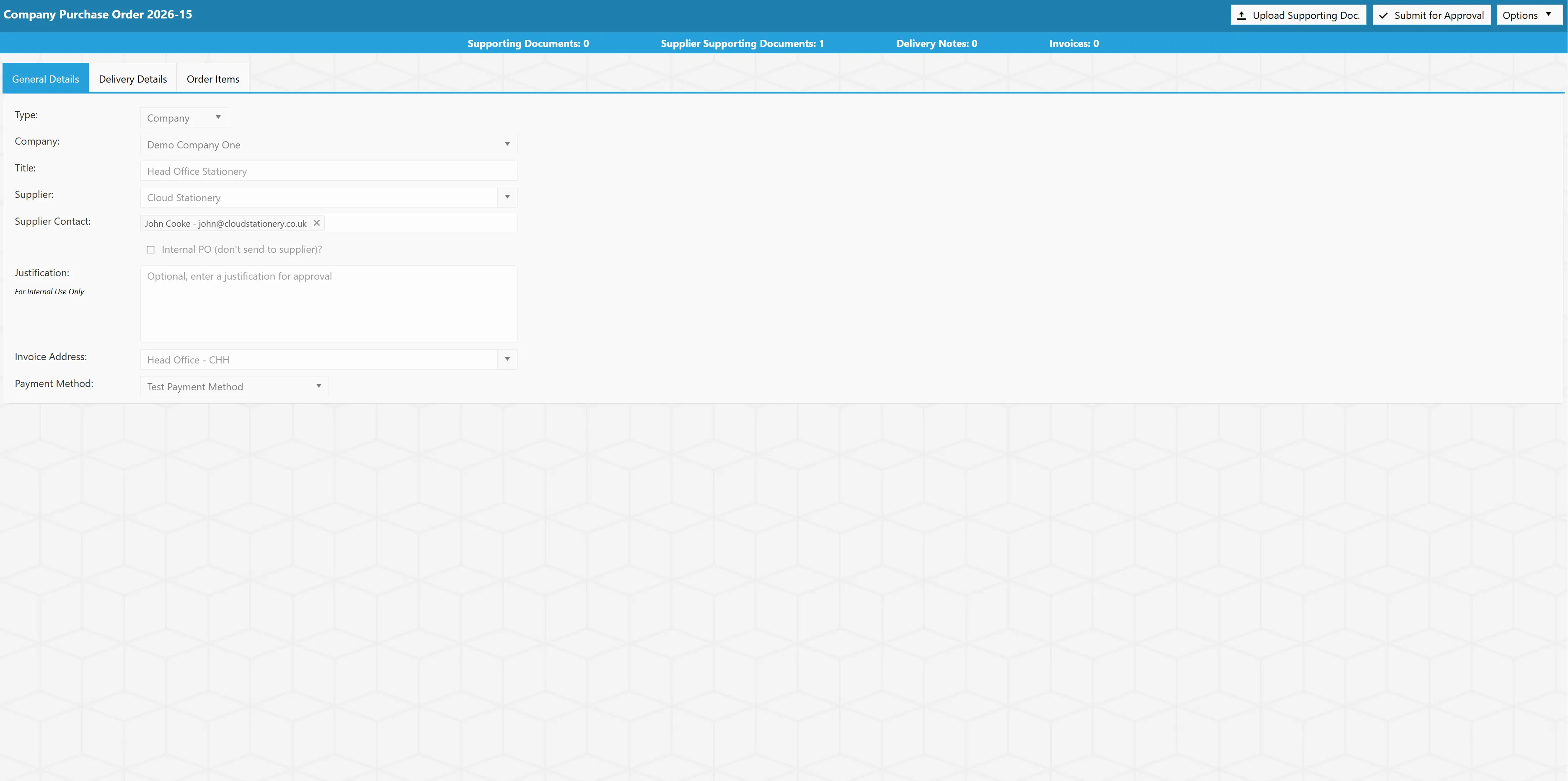 The purchase order properties are displayed in a read-only state.