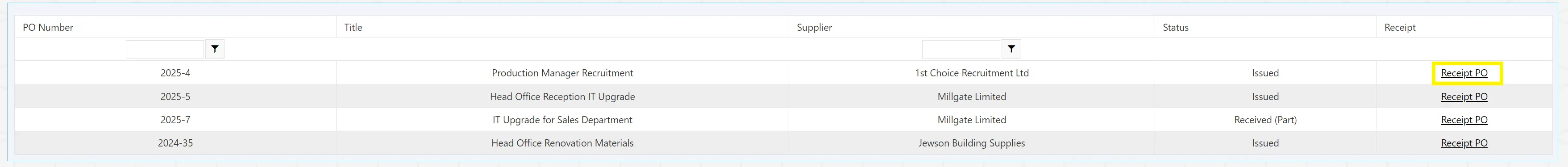 POs Awaiting Receipt - Receipt PO Users can receive goods against purchase orders directly from the dashboard grid.