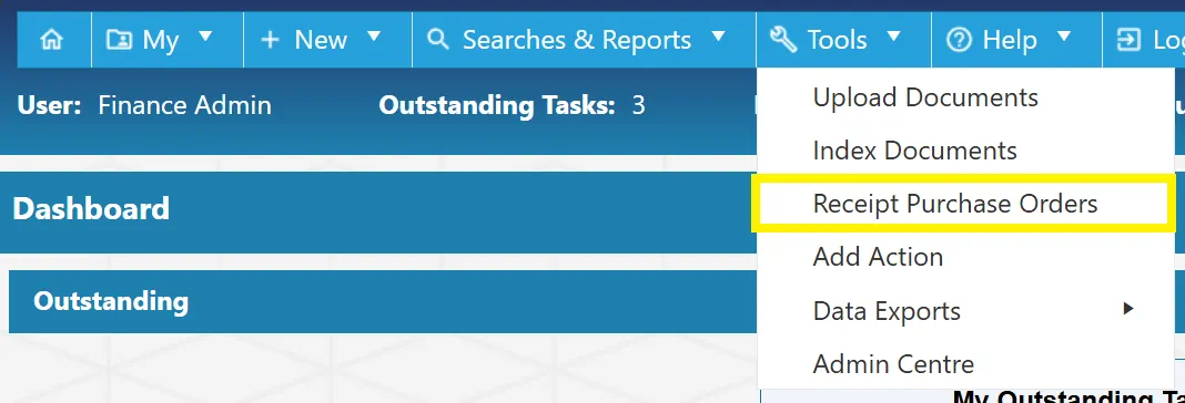 Tools - Receipt Purchase Orders Users can also access the goods receipting module via the Tools menu.