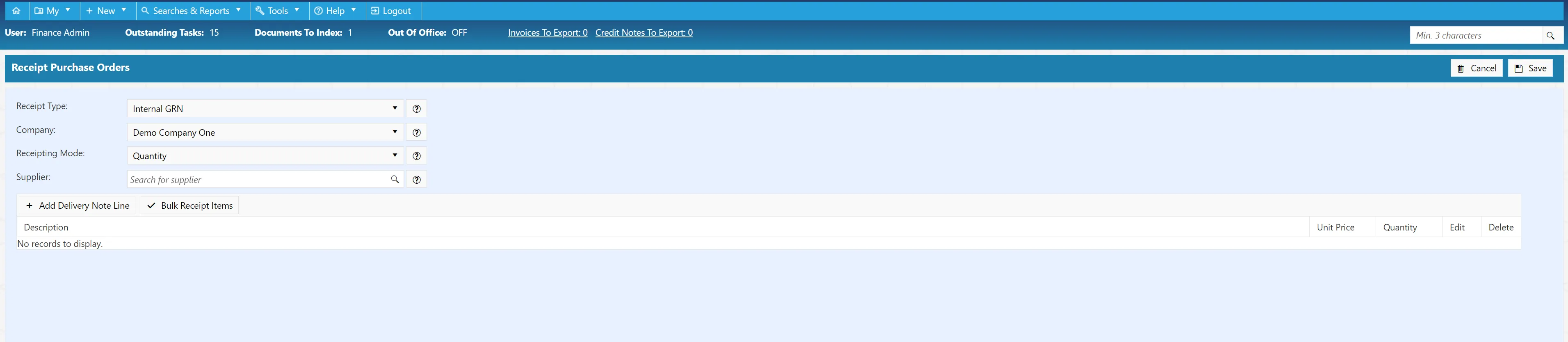 Receipt Purchase Orders Window Populate the required fields to receipt goods against the purchase order.
