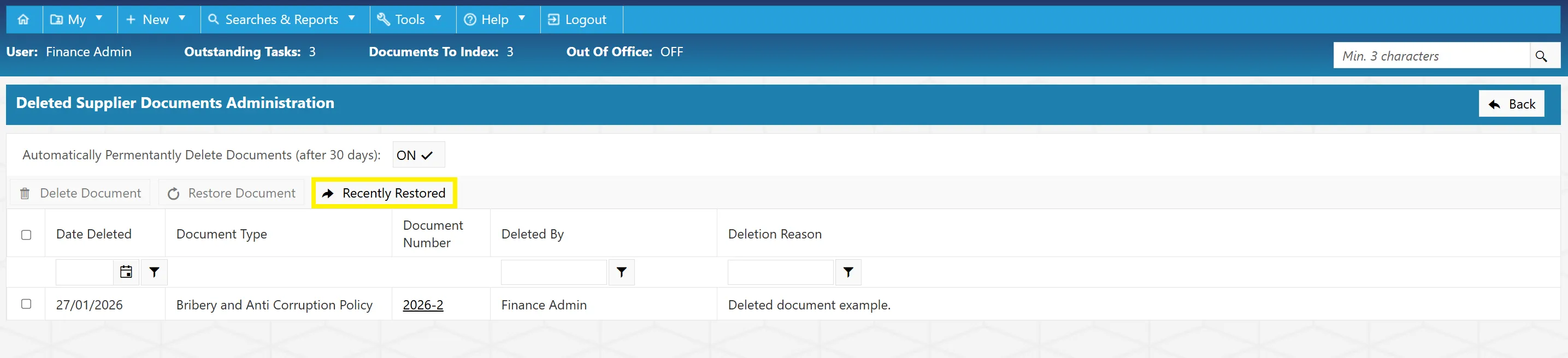 Recently Restored Button This button brings you to a grid containing any recently restored documents.