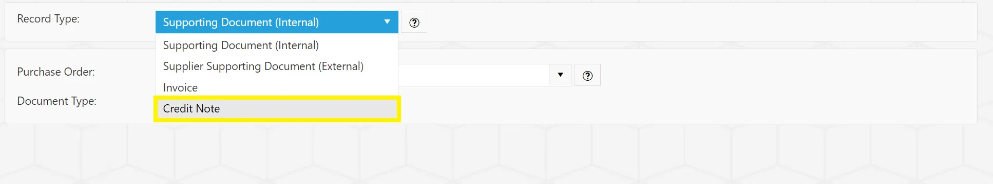 To begin indexing a credit note, change the record type to Credit Note.