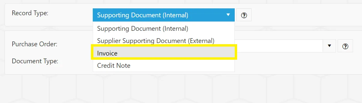 To begin indexing an invoice, change the record type to Invoice.