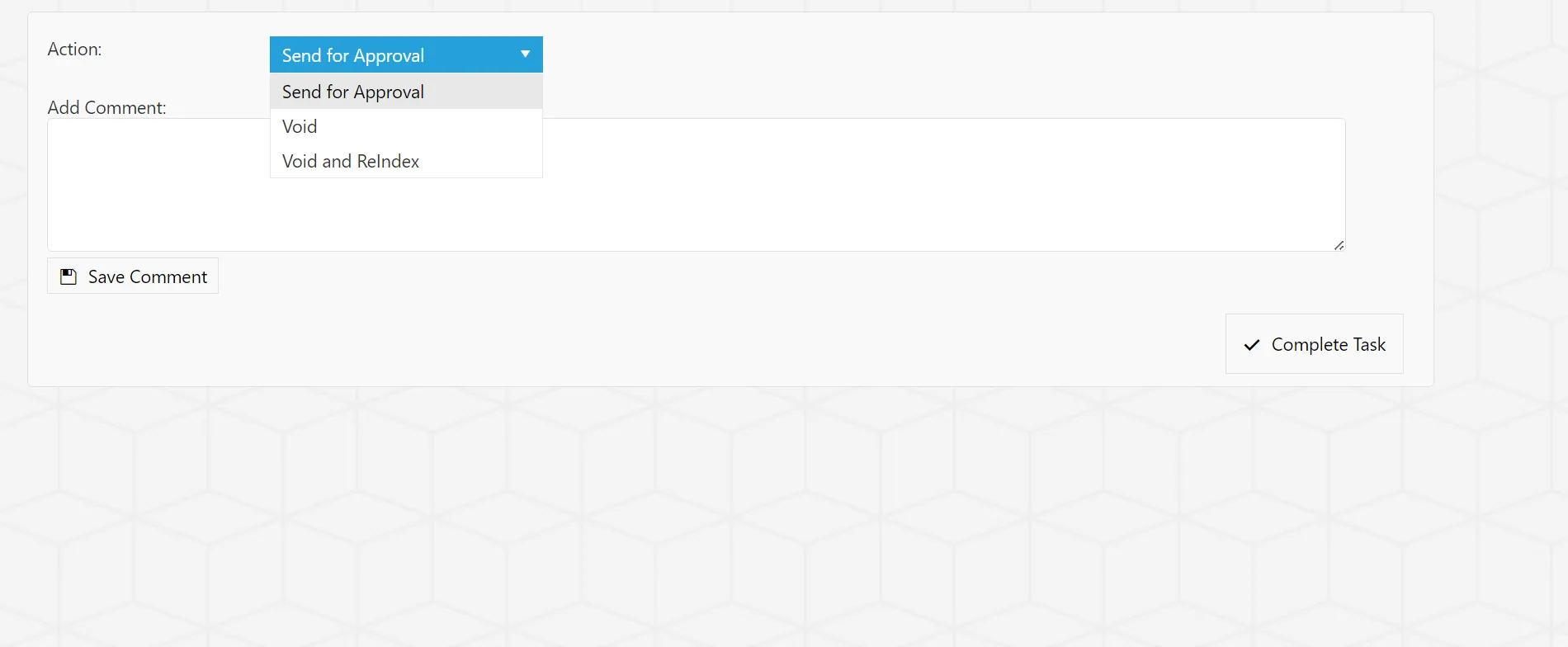The user has the option to send the credit note back for approval, void it or void and re-index it.
