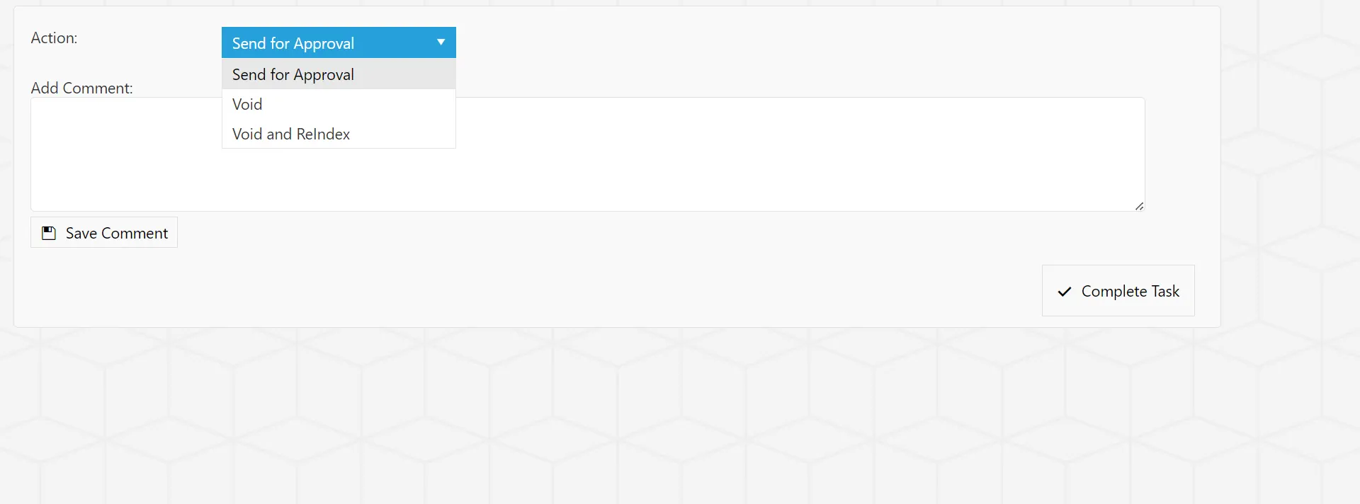 The user has the option to send the invoice back for approval, void it or void and re-index it.