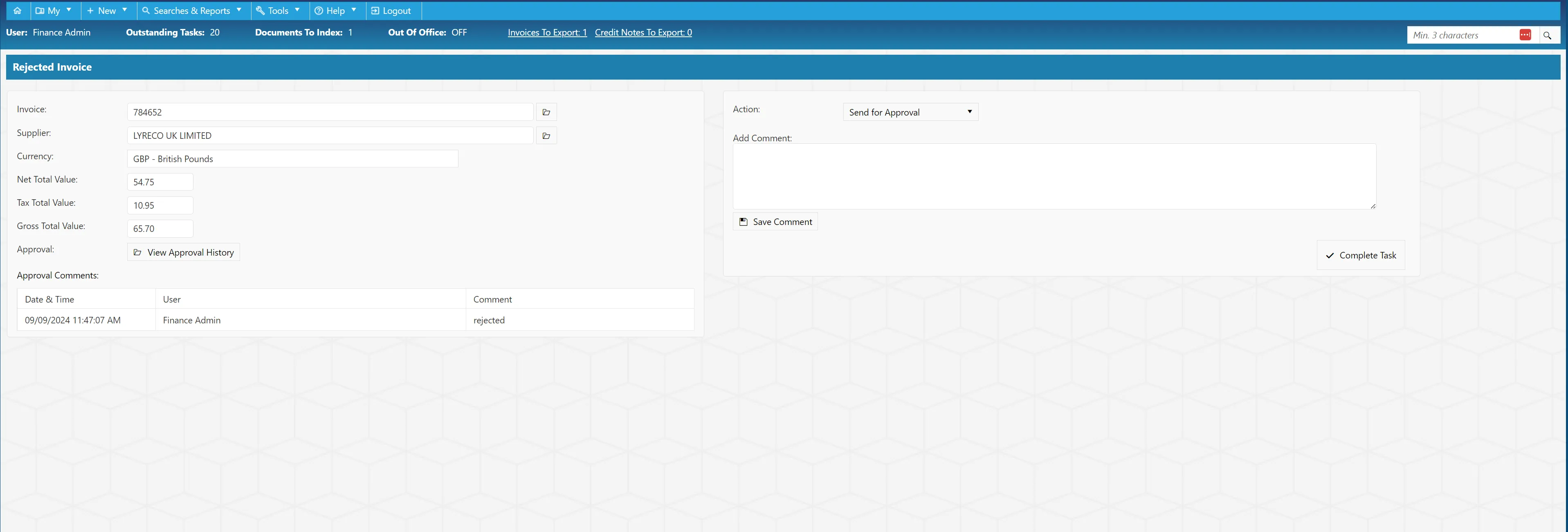 When an invoice is rejected, the user who indexed it will receive a task to review.