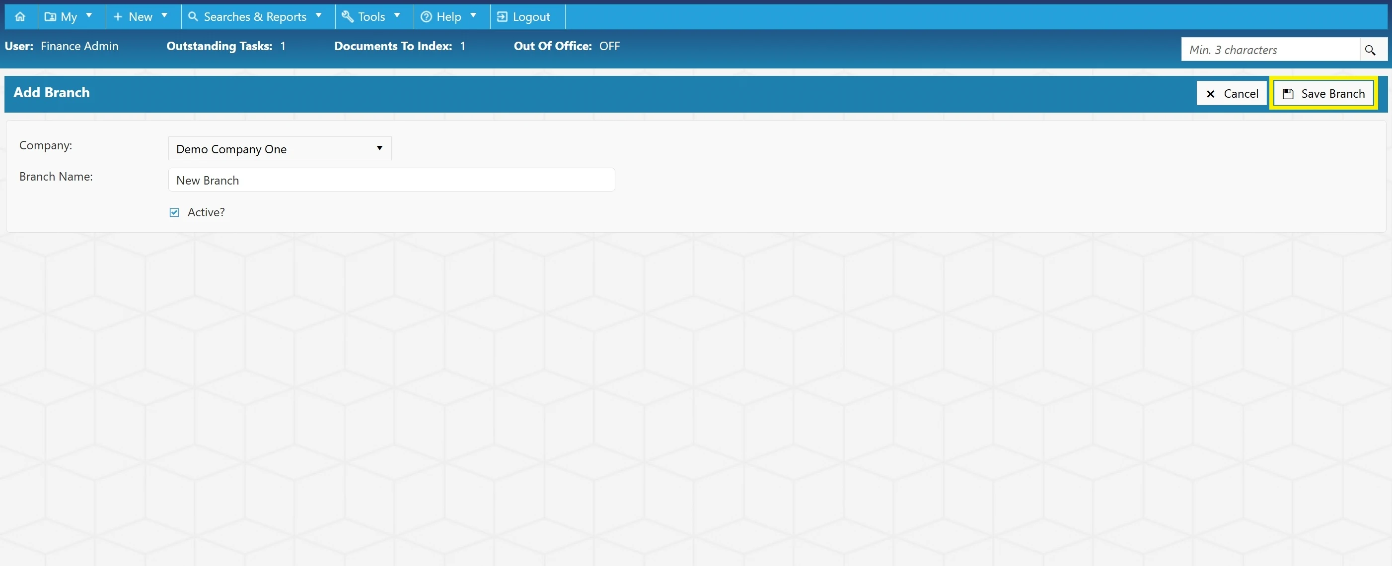 Once the new branch details have been added, select Save Branch to finalise.