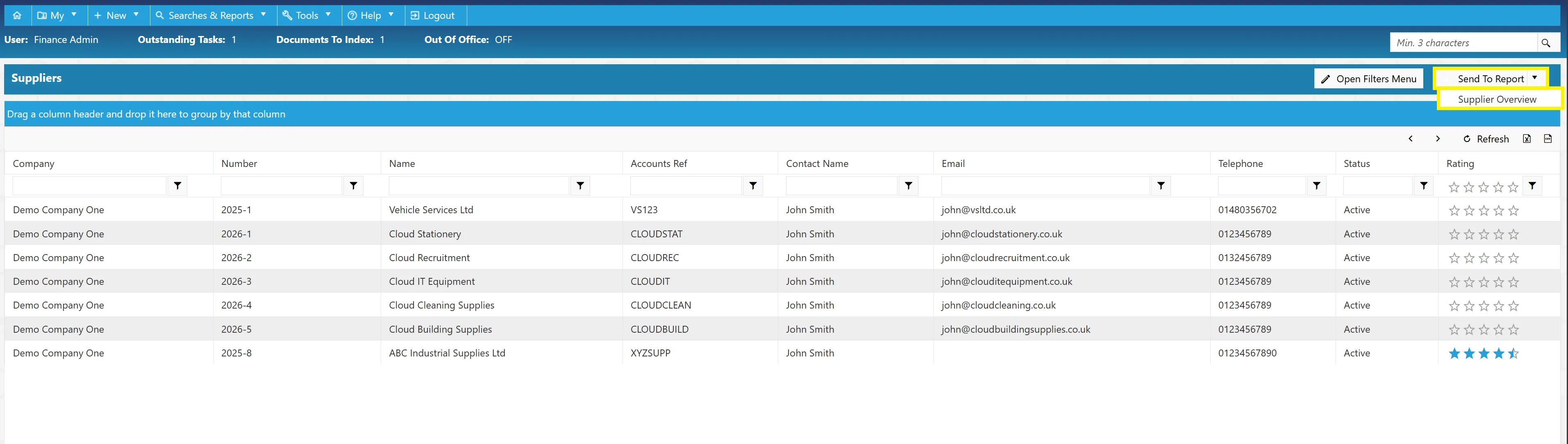 The Supplier Overview button allows users to send the search results to a report.