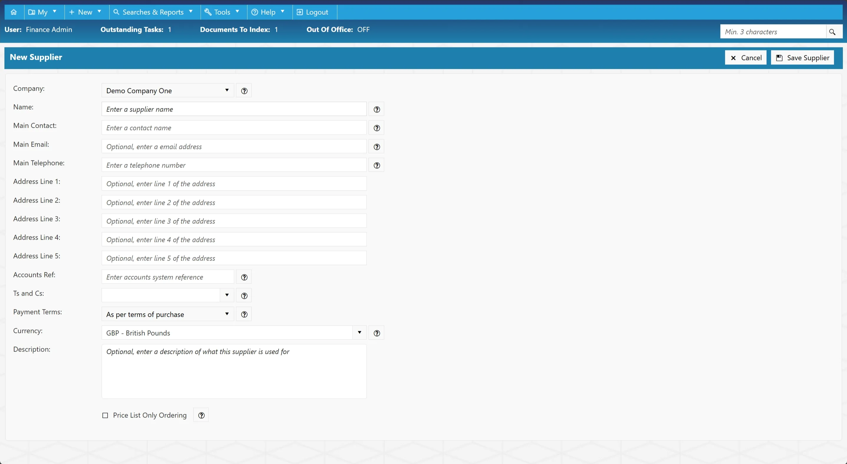 Opening a supplier account displays the details in a new window.