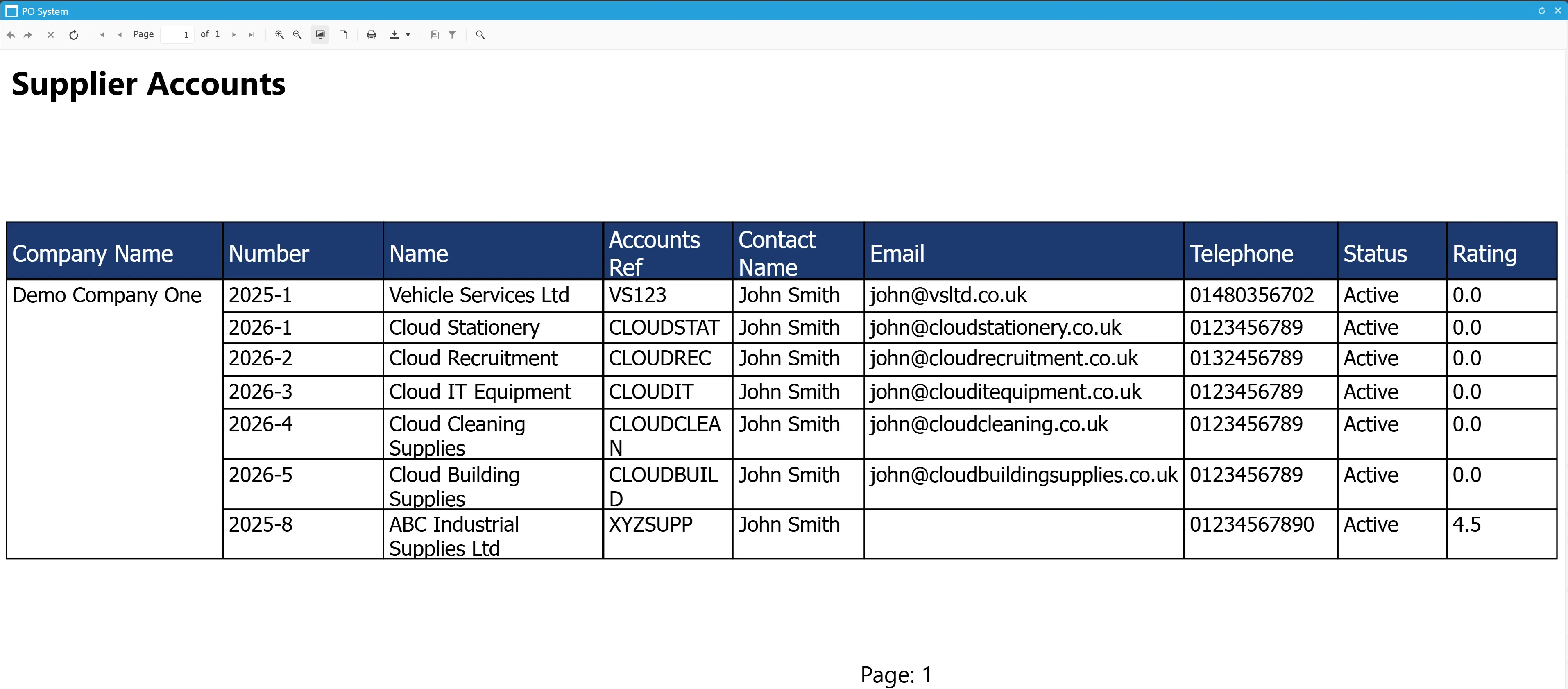 Sending the supplier accounts search results to a report displays them in a clear format.