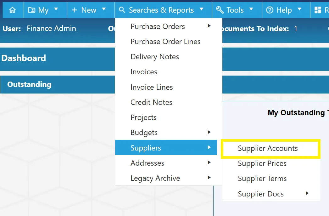 Users can search for supplier accounts within the PO software.