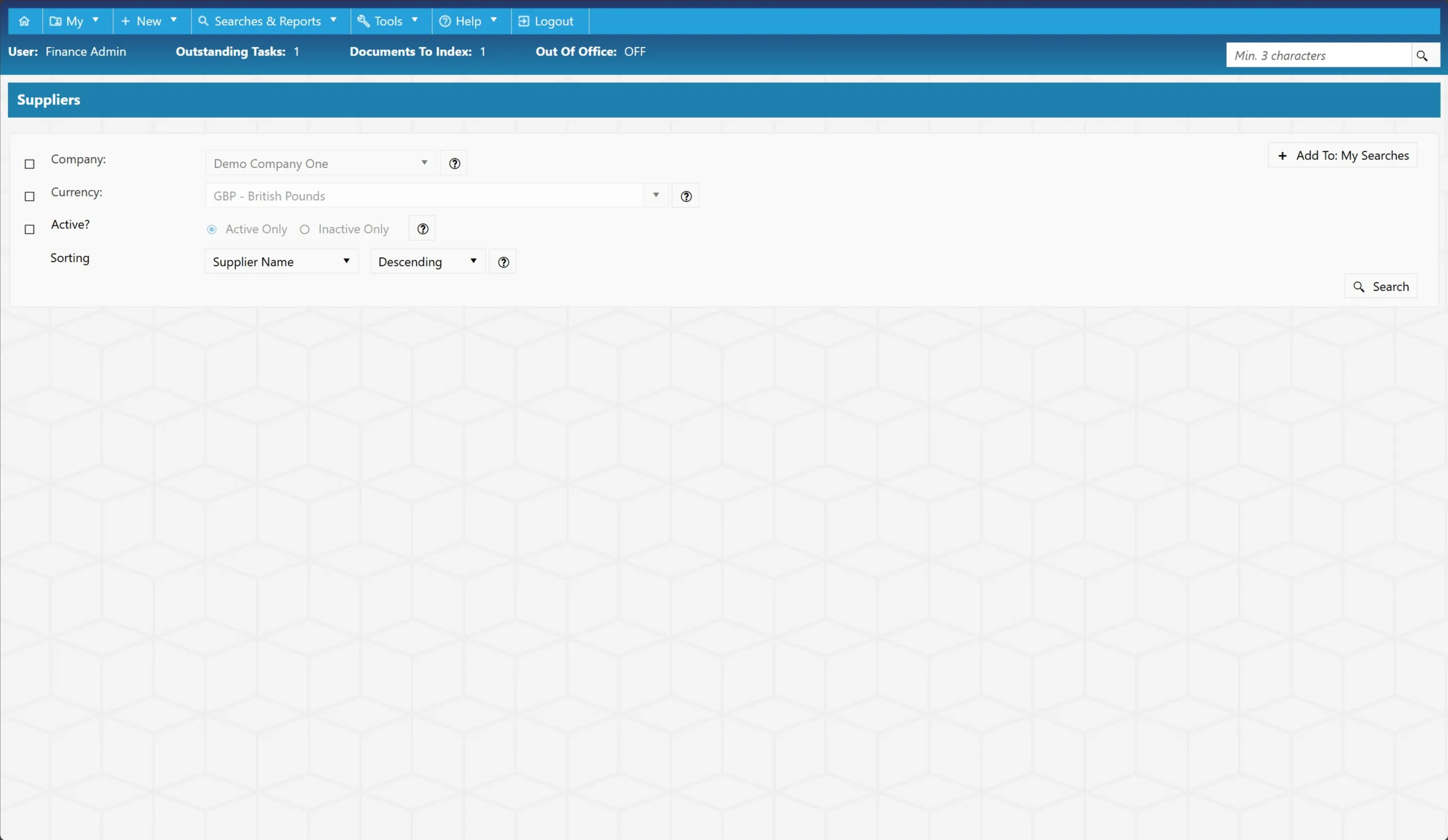 Supplier account searches can be filtered using various parameters for more specific results.