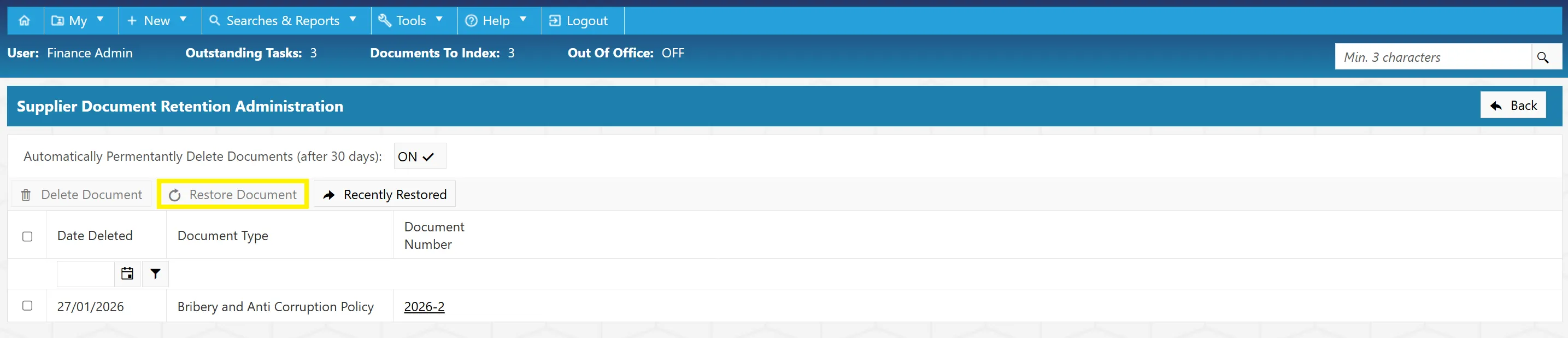Restore Documents Button Clicking Restore Documents will restore any selected, deleted supplier retention documents.