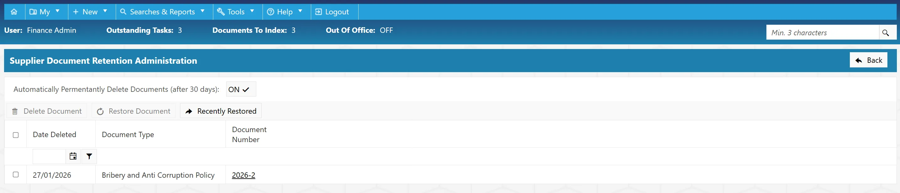 Supplier Document Retention Admin Grid Documents that have exceeded their retention date will appear within this grid.