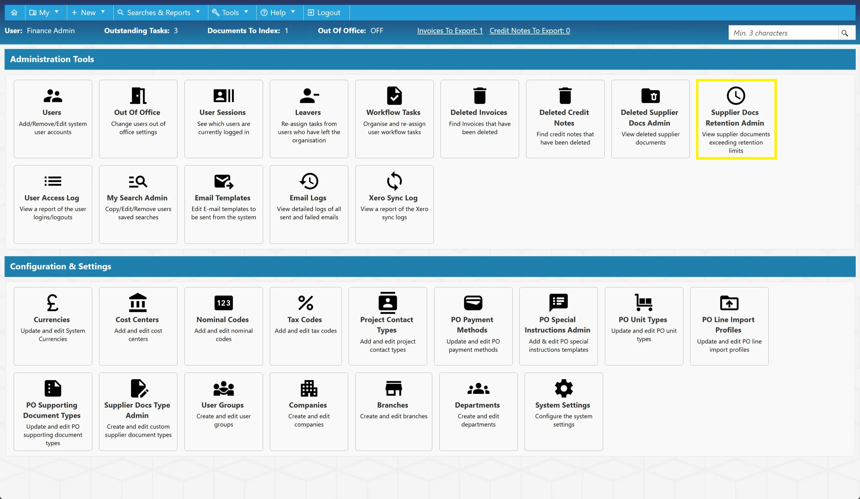 Supplier Docs Retention Admin Documents that have exceeded their retention date will appear within this section.