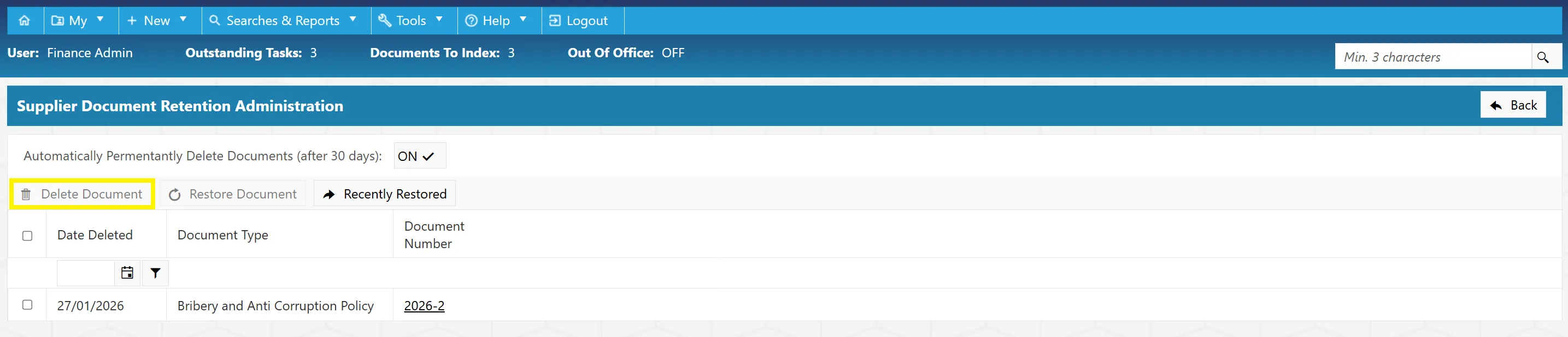 Delete Supplier Retention Documents Permanently delete any selected supplier retention documents by clicking the Delte Documents button.