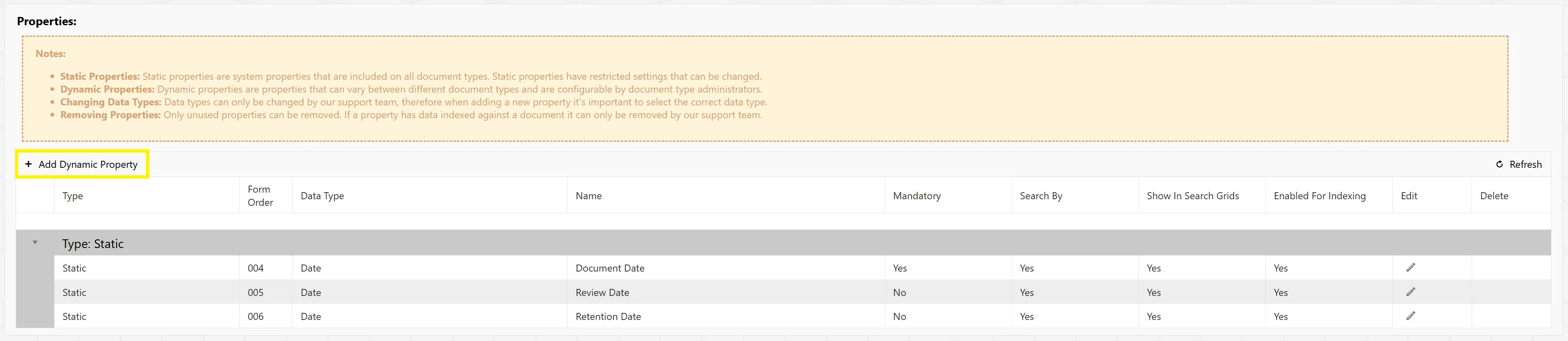 Admin users can add new Dynamic Properties to the document type.