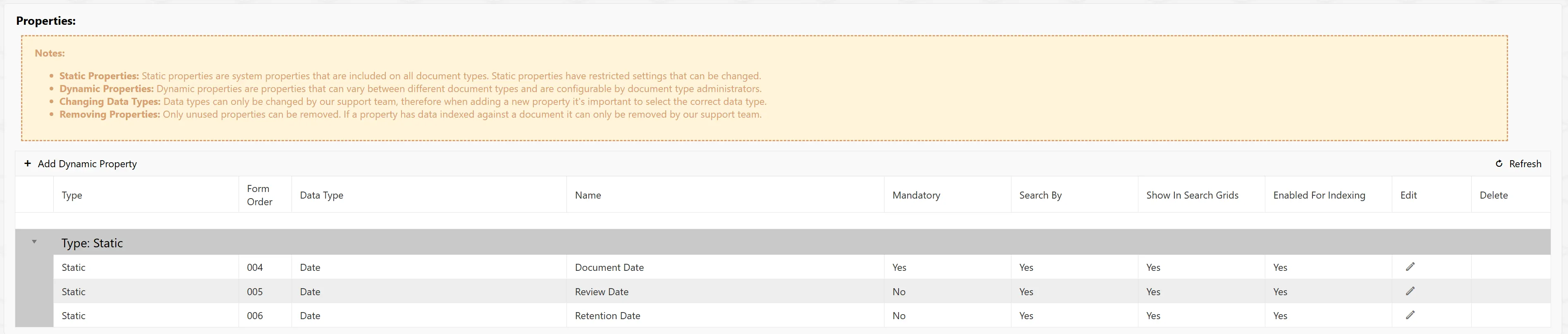 The Properties section allows you to set and edit properties agianst the document type.
