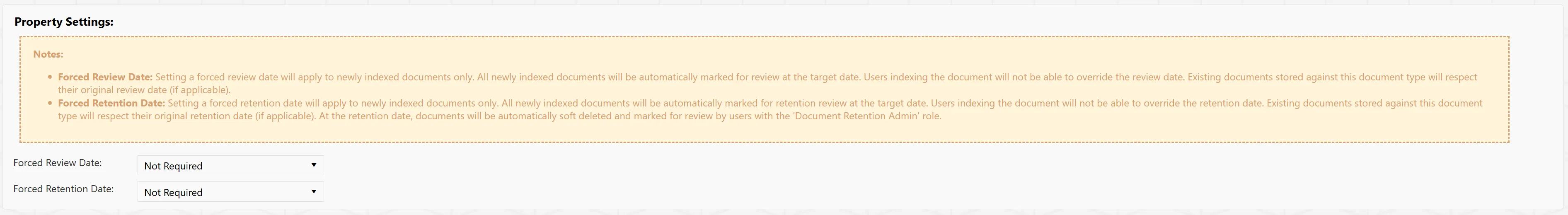 The Property Settings allow you to set Review and Retention dates for the document type.