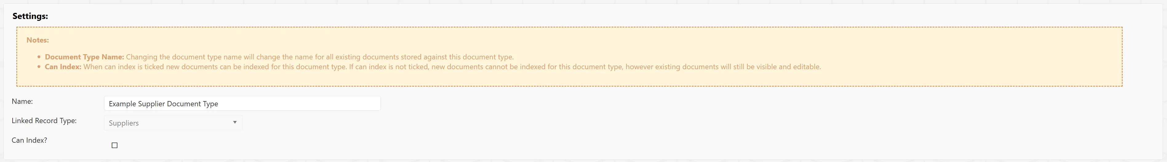 The Settings section allows you to change the Name, Linked Record Type, and toggle the Can Index setting.