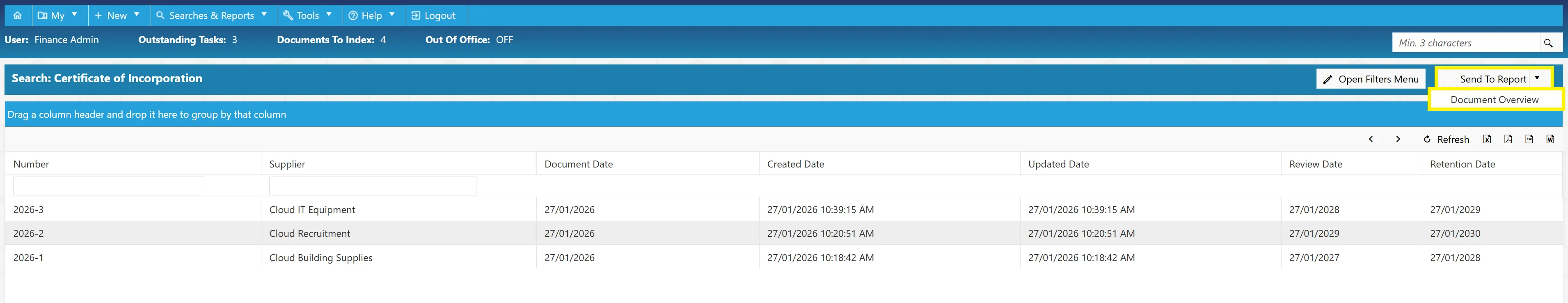 Supplier Documents Overview allows users to send the search results to a report.