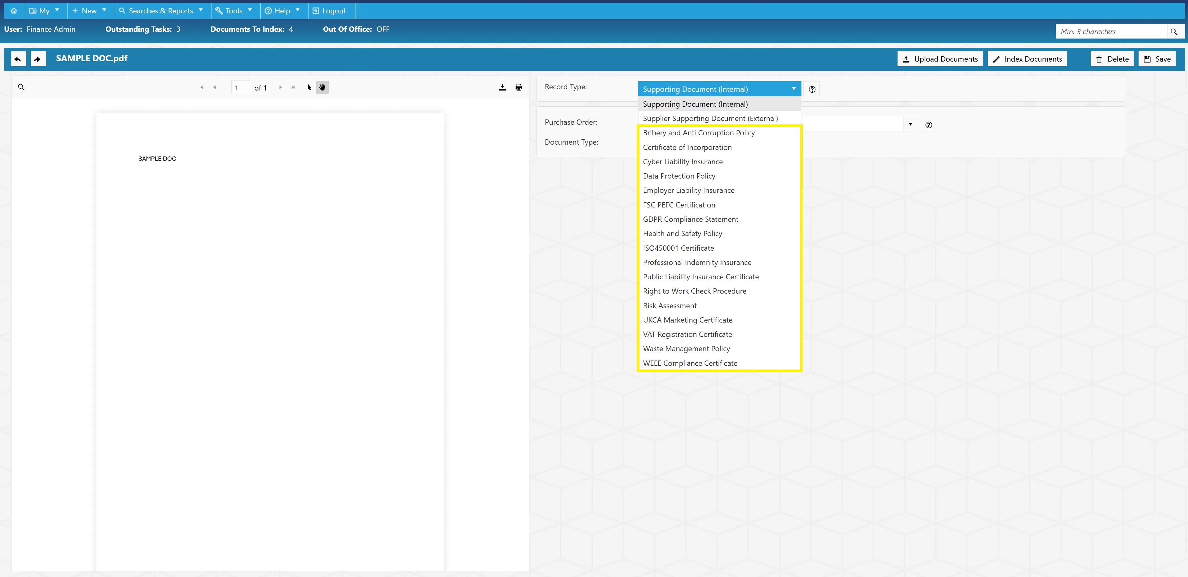 When indexing a supplier document, you must select the corresponding record type.