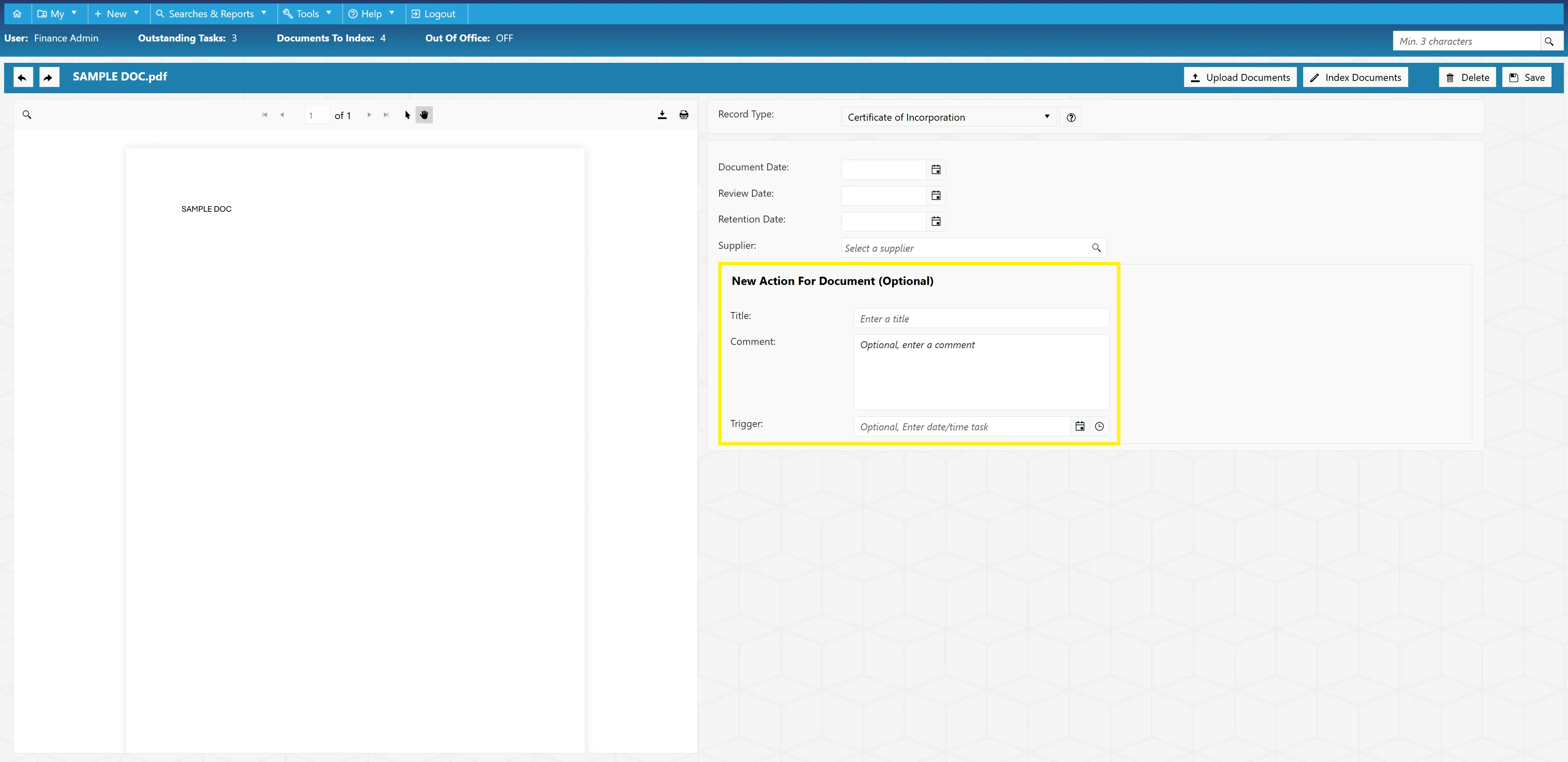Users have the ability to set an action against the document for future reminders.