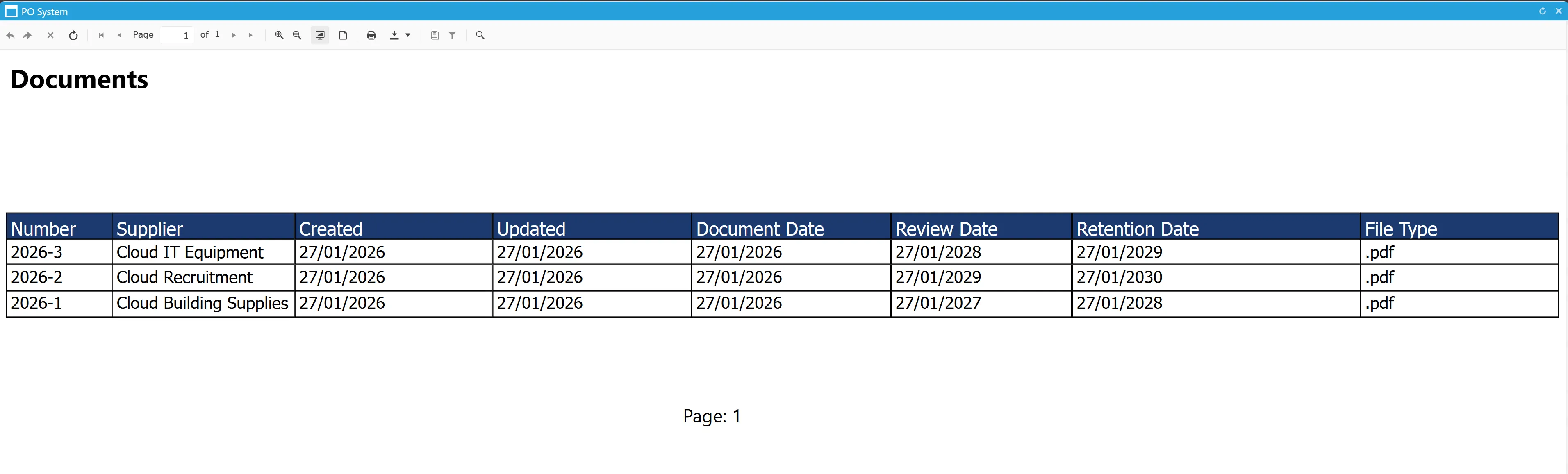 The supplier documents report displays the results in a clear format.