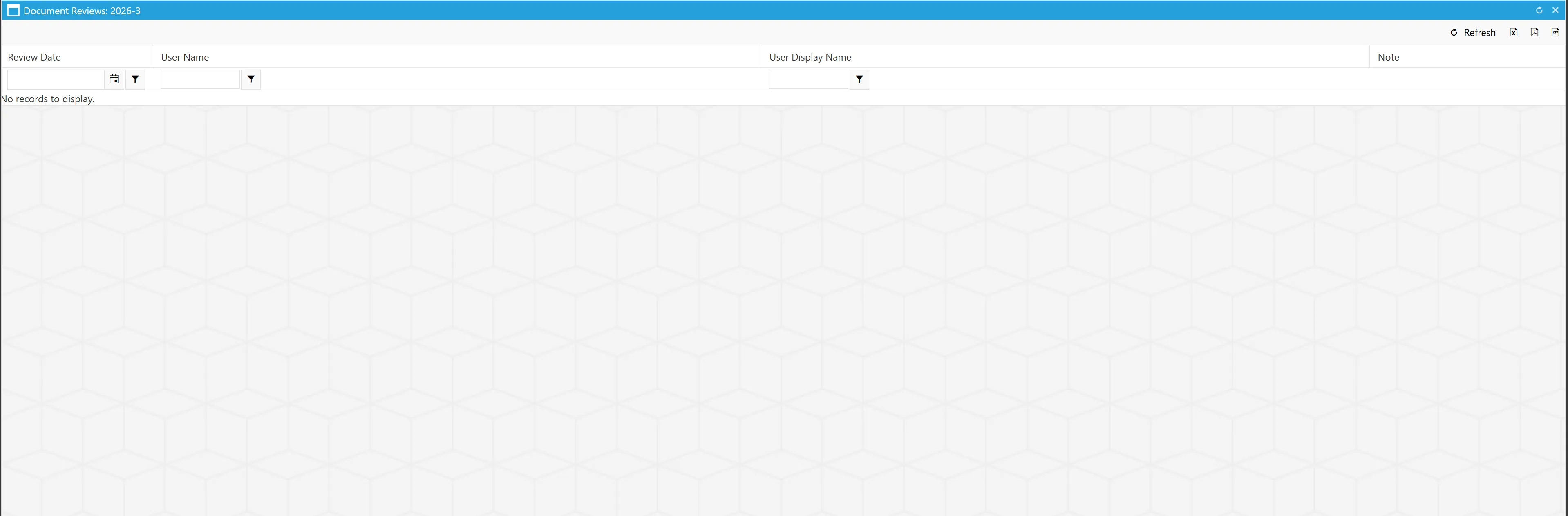 The grid displays key information regarding the document reviews.