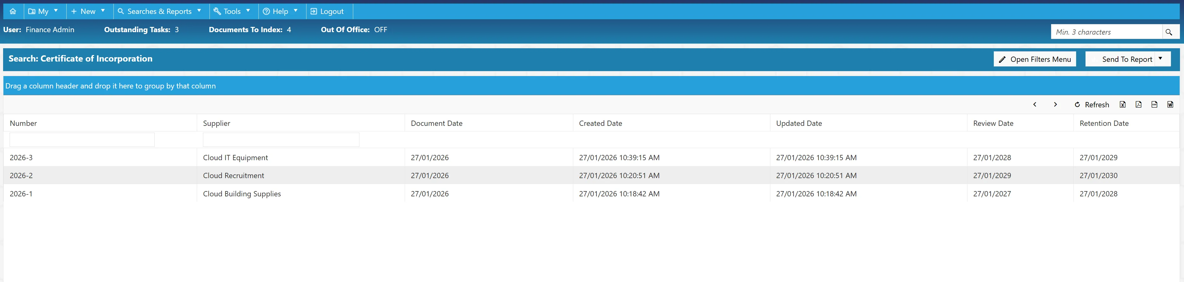 Supplier documents are displayed in a search grid with multiple columns present.