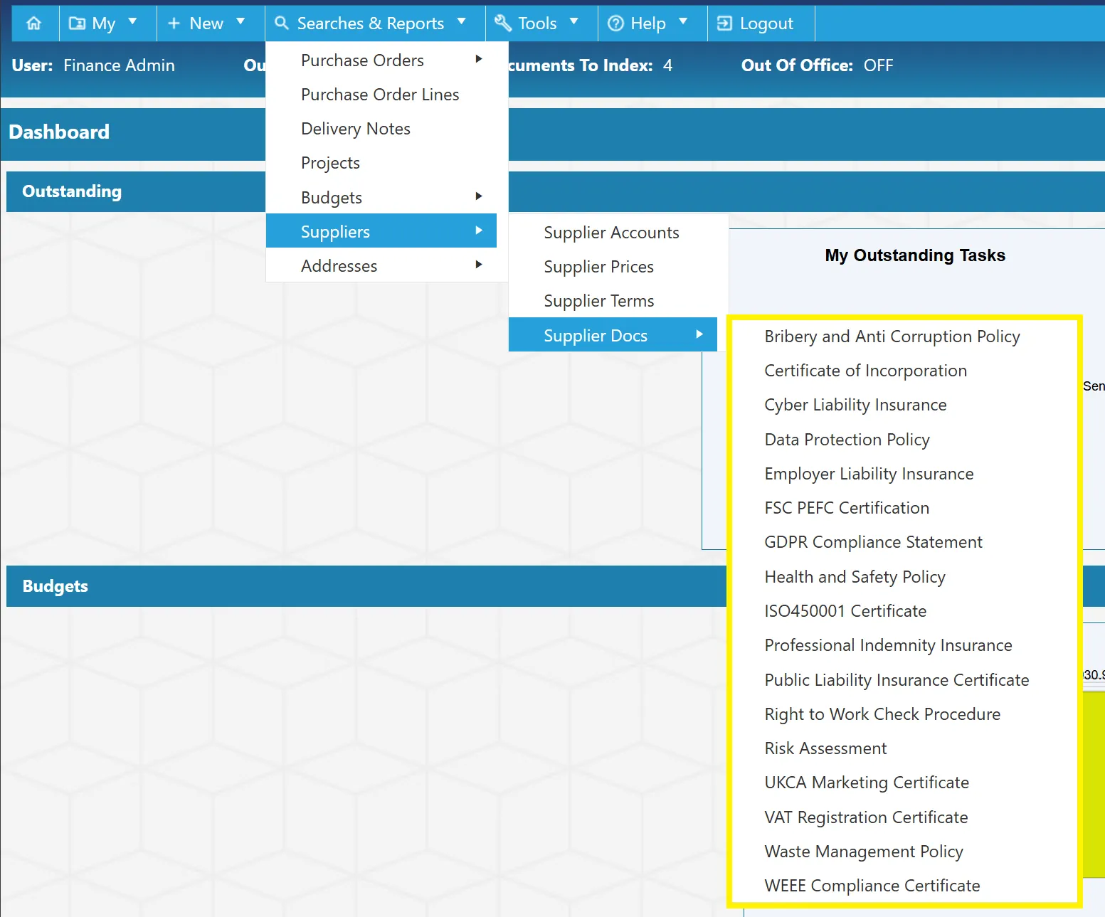 Hovering over the Supplier Docs section displays all Supplier Document Types.