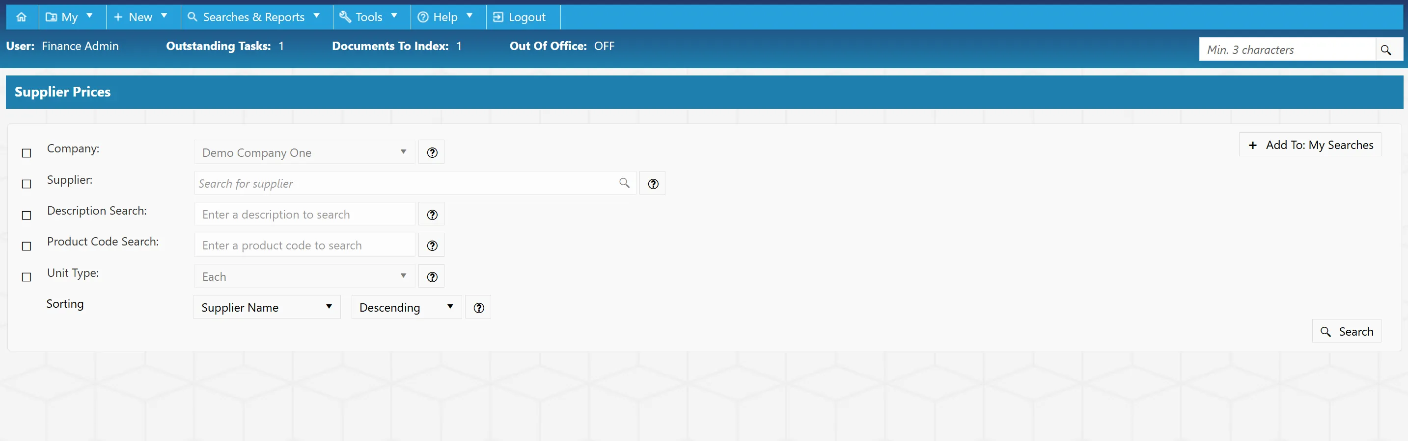 The supplier prices search can be filtered for a more tailored search.