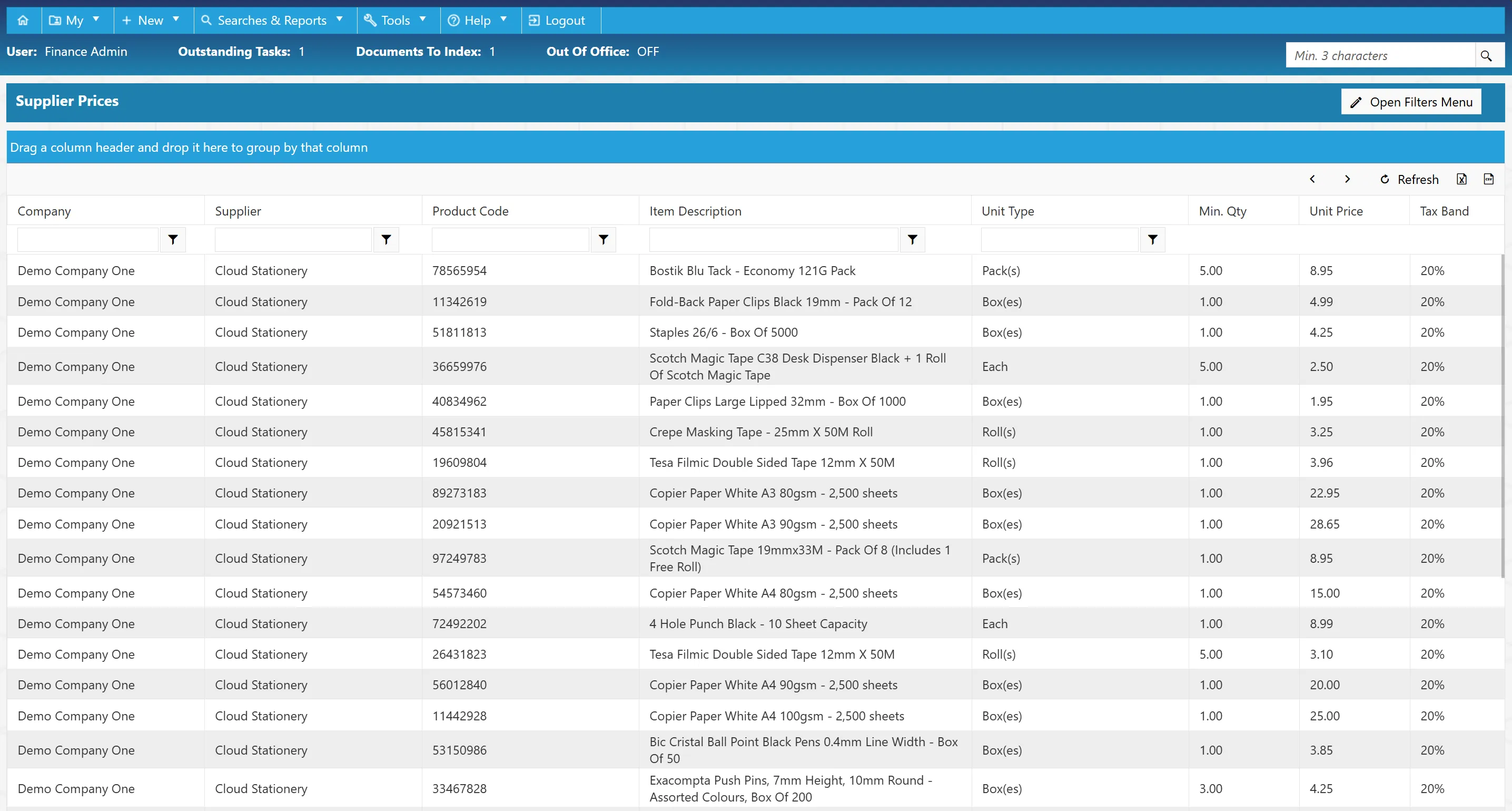 Supplier prices are displayed in a grid with multiple columns.