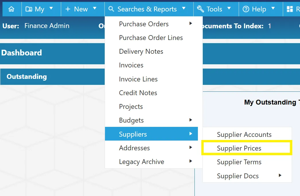 The PO system allows users to search for supplier prices.