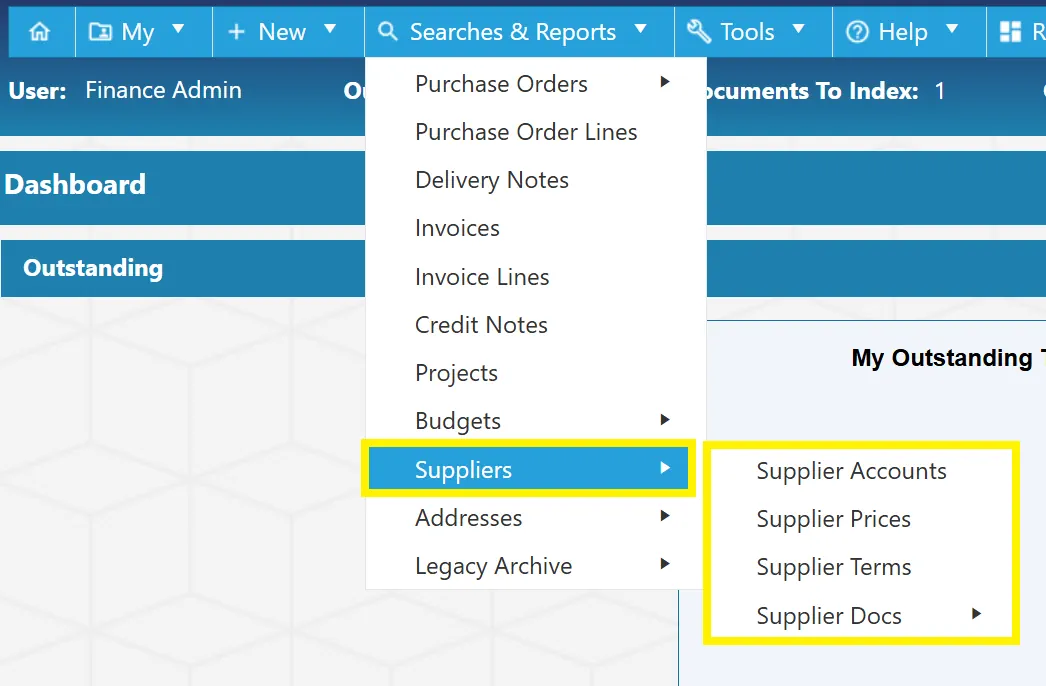 The PO system allows users to conduct searches for various supplier related items.