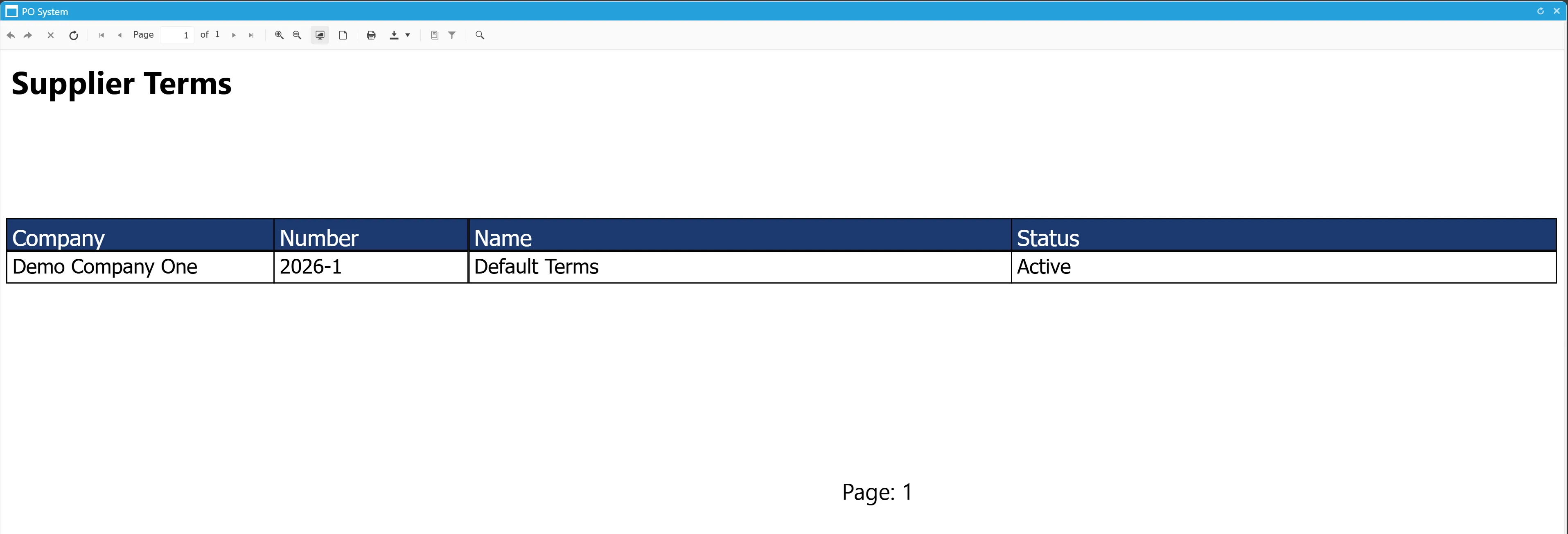 The supplier terms report displays the results in a clear format.