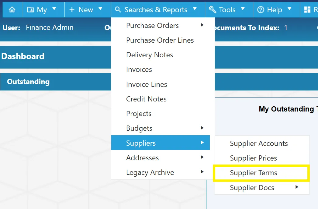 Users can search for specific supplier terms within the purchase order system.