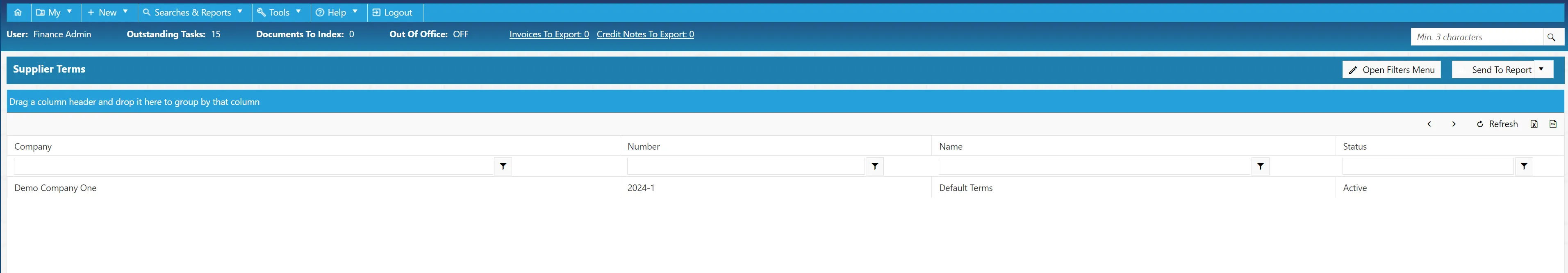 Supplier terms are displayed in a search grid with multiple columns present.