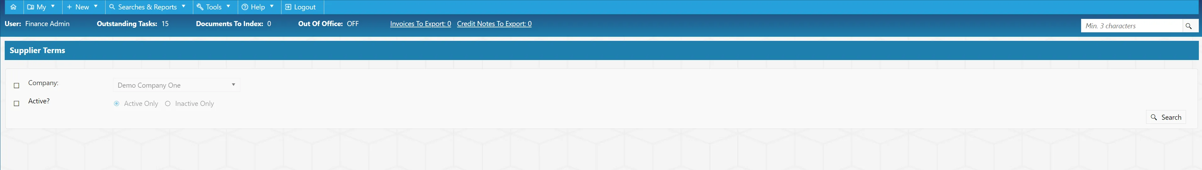 Users can filter the supplier terms search results as required.