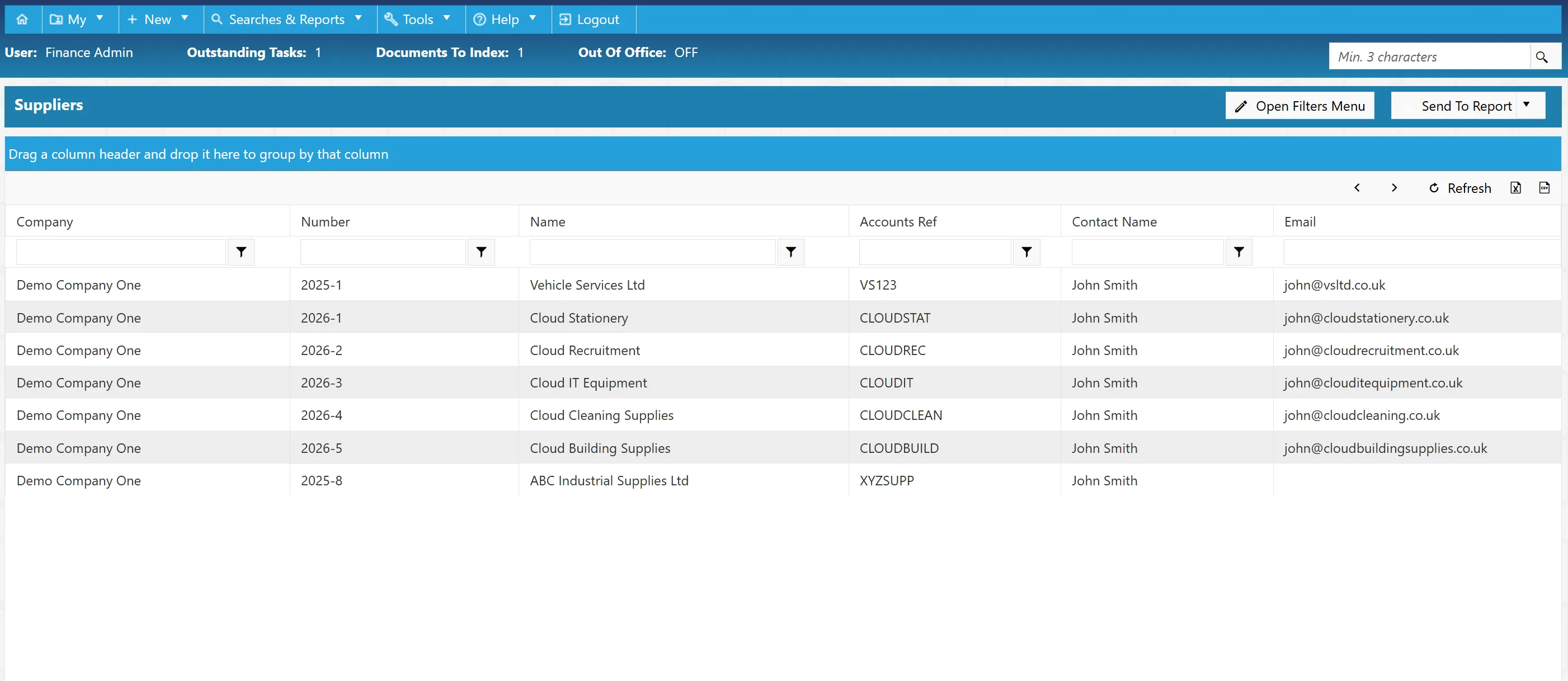 Supplier account search results are displayed in a grid consisting of multiple columns.